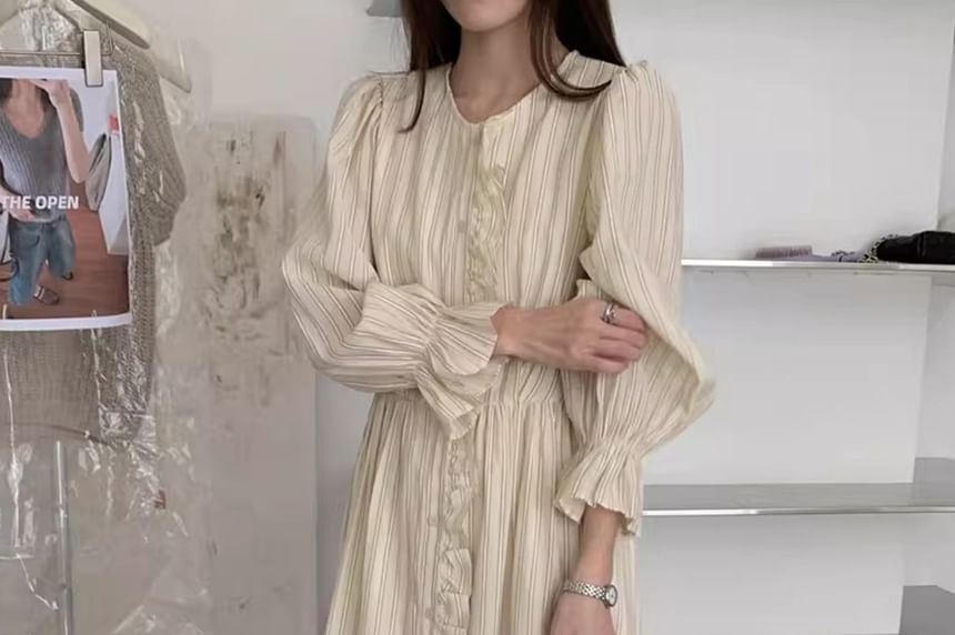 Long-Sleeve Round Neck Striped Button Up Ruffle Trim Maxi A-Line Dress