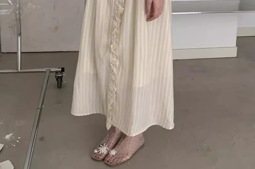 Long-Sleeve Round Neck Striped Button Up Ruffle Trim Maxi A-Line Dress
