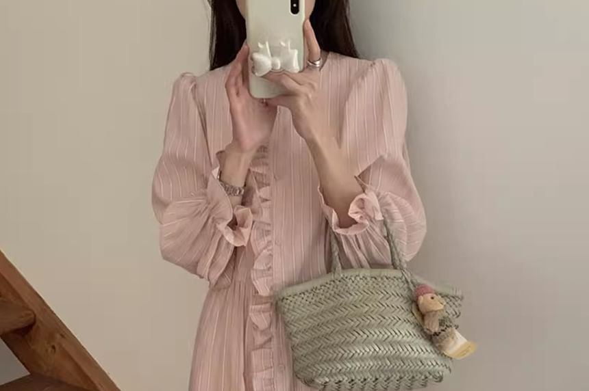 Long-Sleeve Round Neck Striped Button Up Ruffle Trim Maxi A-Line Dress
