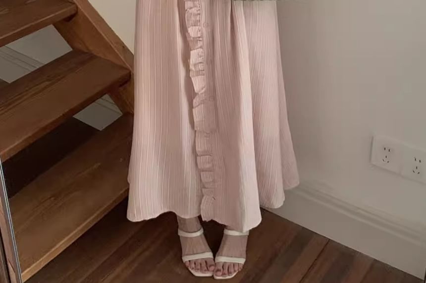 Long-Sleeve Round Neck Striped Button Up Ruffle Trim Maxi A-Line Dress