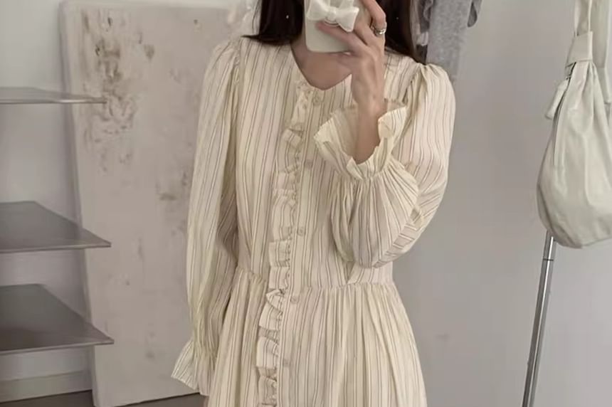 Long-Sleeve Round Neck Striped Button Up Ruffle Trim Maxi A-Line Dress