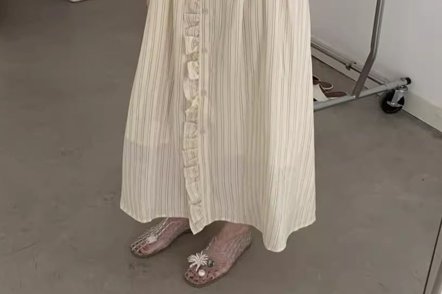Long-Sleeve Round Neck Striped Button Up Ruffle Trim Maxi A-Line Dress