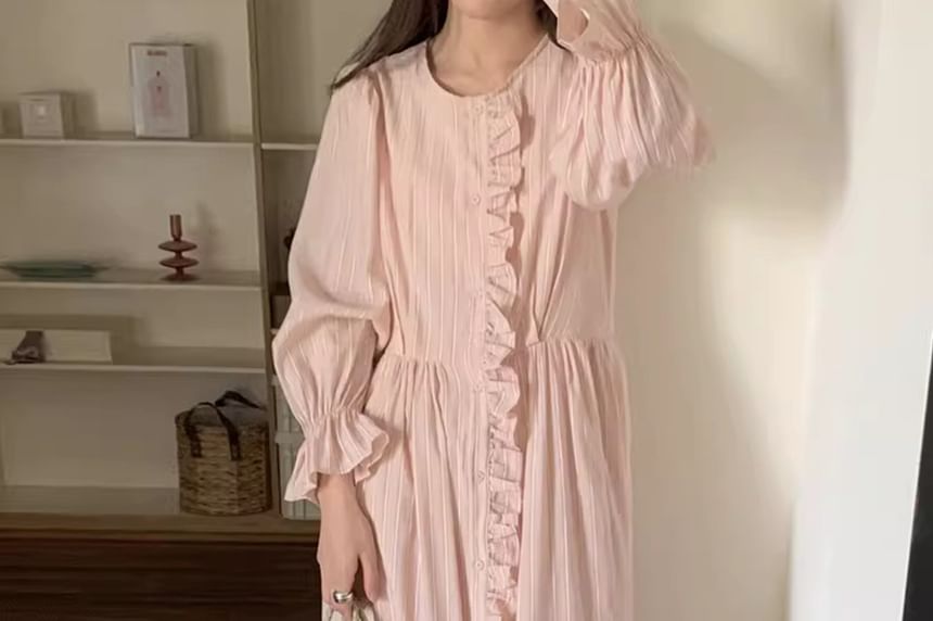 Long-Sleeve Round Neck Striped Button Up Ruffle Trim Maxi A-Line Dress