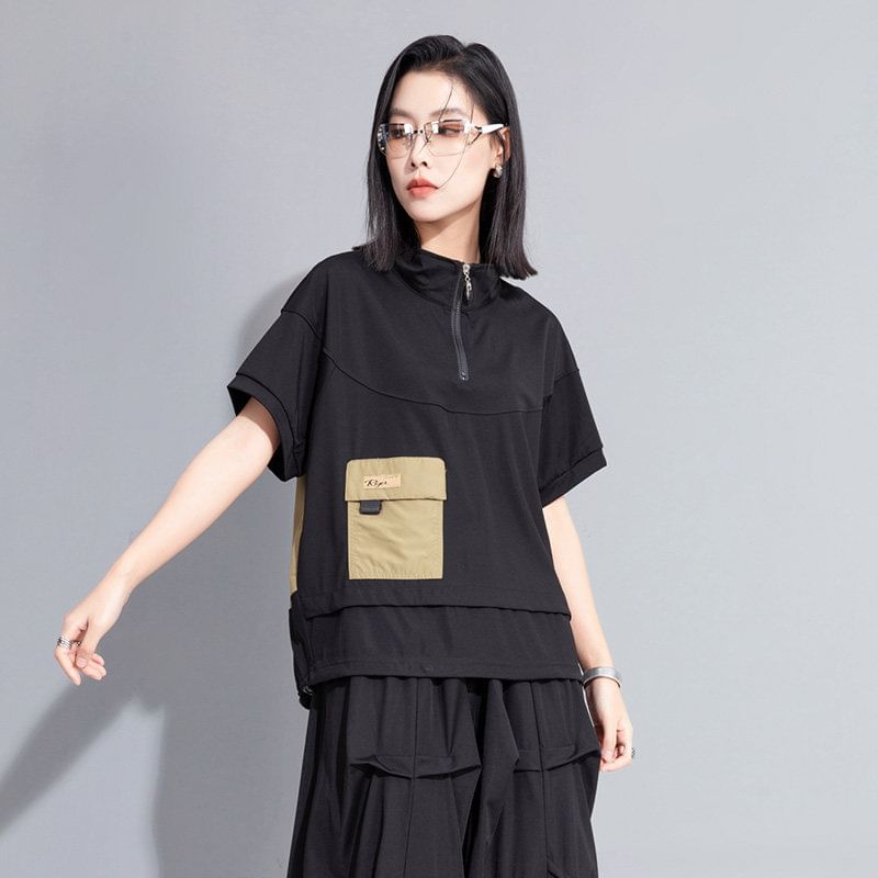 Short-Sleeve Mock Neck Half Zip Solid Top