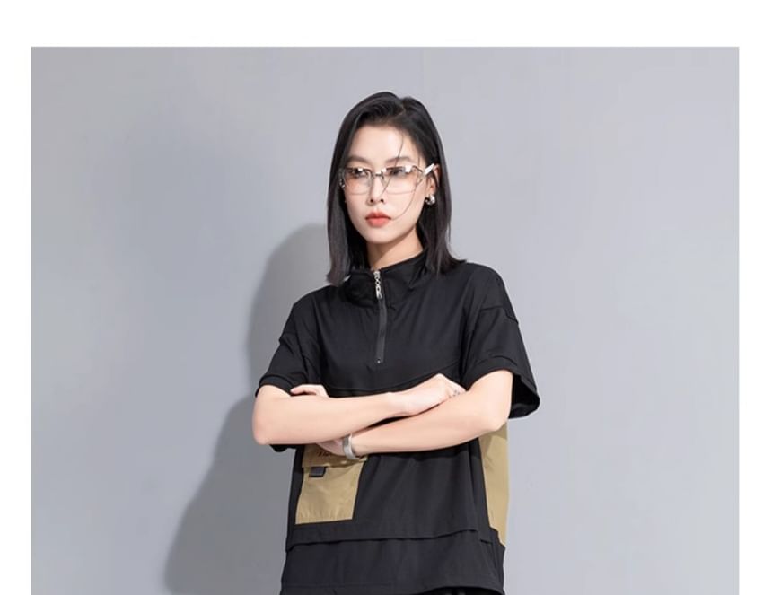 Short-Sleeve Mock Neck Half Zip Solid Top