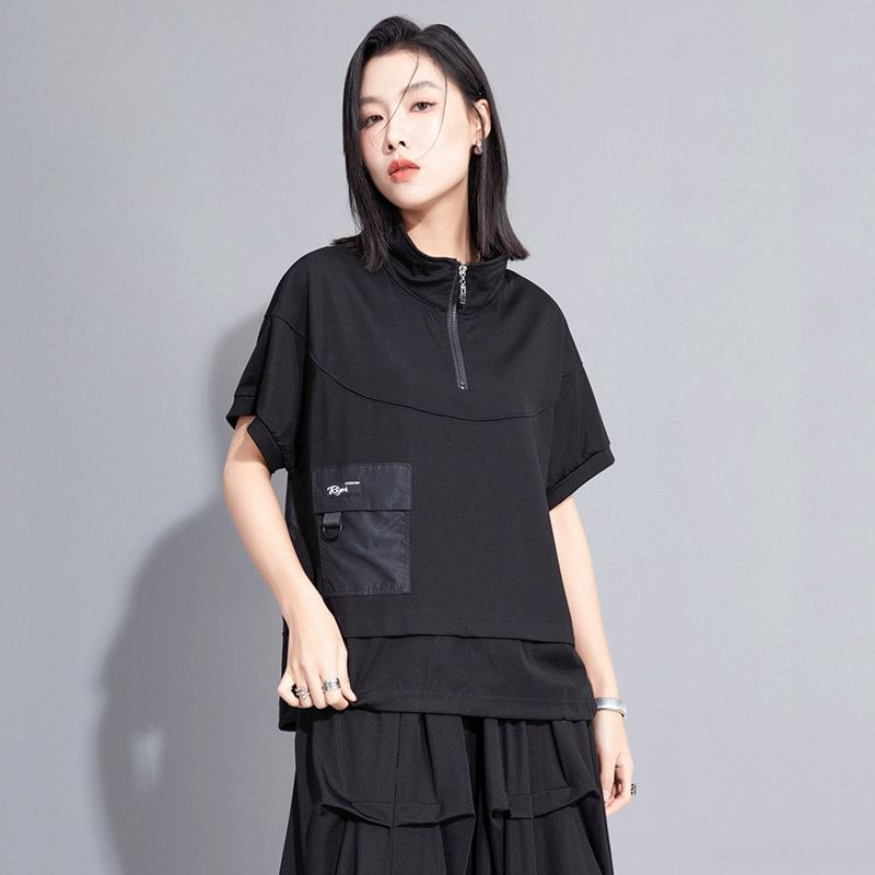Short-Sleeve Mock Neck Half Zip Solid Top