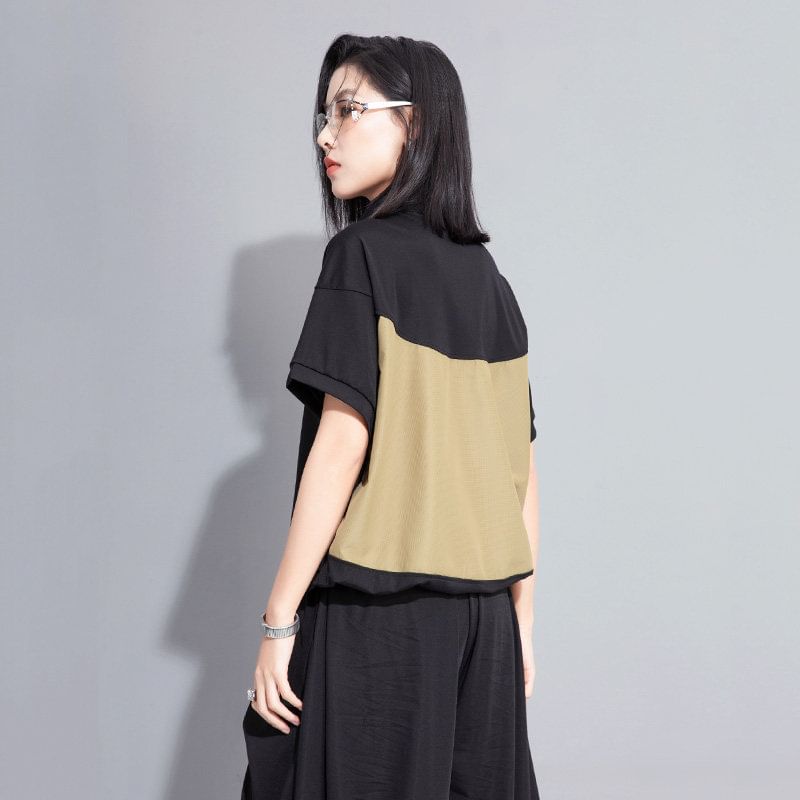Short-Sleeve Mock Neck Half Zip Solid Top