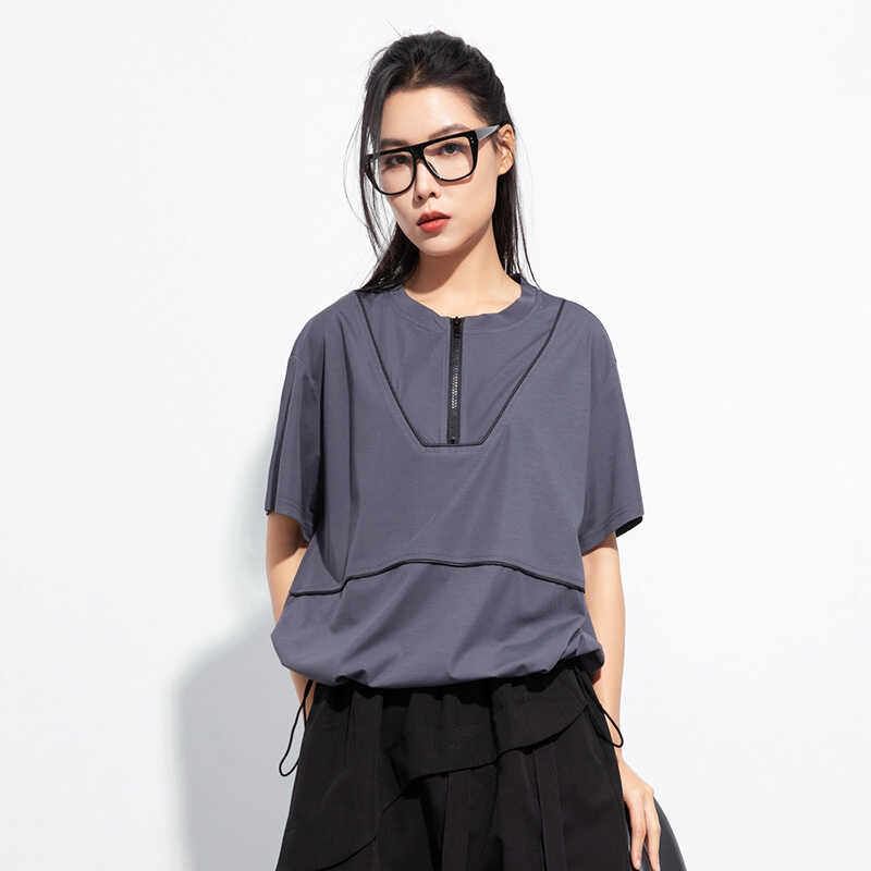 Short-Sleeve Crewneck Half Zip Solid Tee