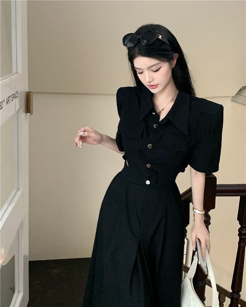 Short-Sleeve V-Neck Plain Button Up Maxi A-Line Dress