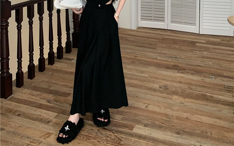 Short-Sleeve V-Neck Plain Button Up Maxi A-Line Dress