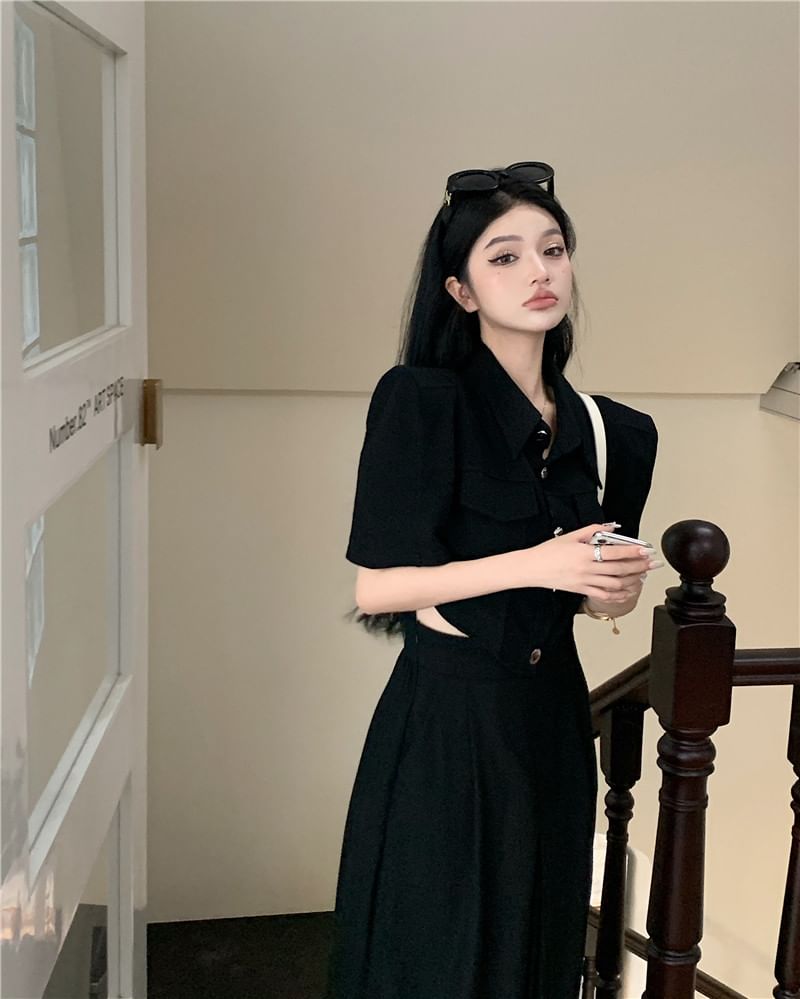 Short-Sleeve V-Neck Plain Button Up Maxi A-Line Dress