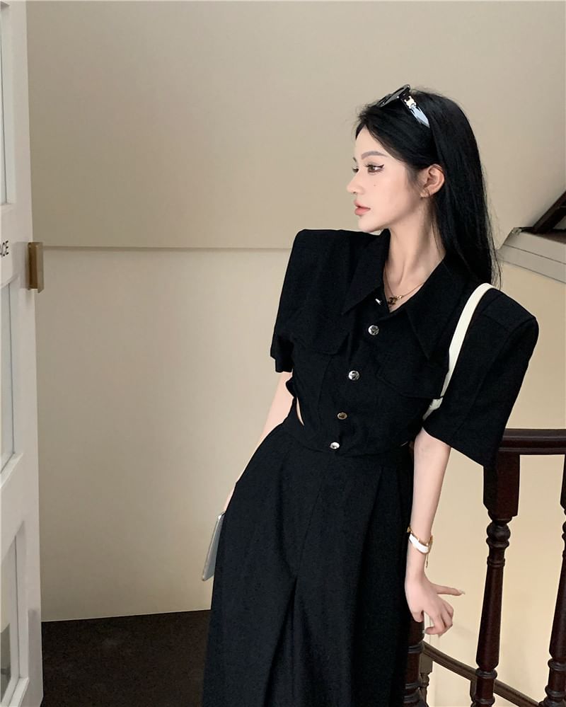 Short-Sleeve V-Neck Plain Button Up Maxi A-Line Dress