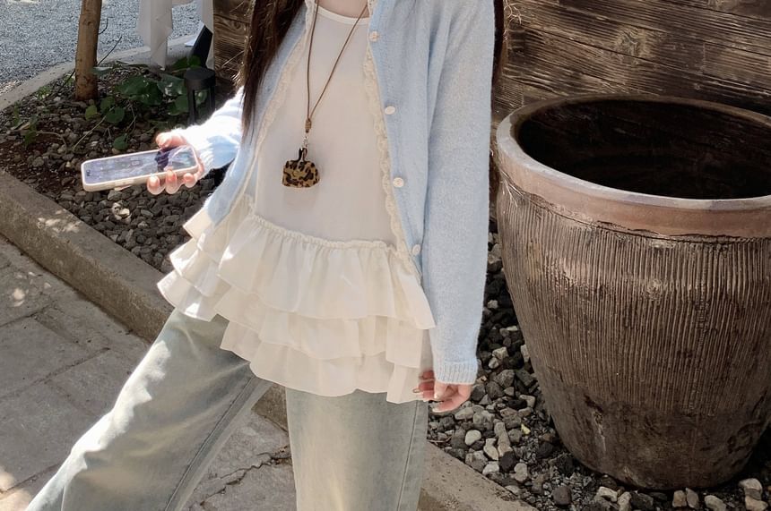 Plain Lace Trim Button Up Cardigan / Spaghetti Strap Scoop Neck Tiered Camisole Top