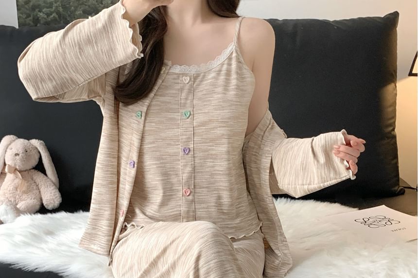 Pajama Set: Melange Cardigan + Camisole Top + Pants