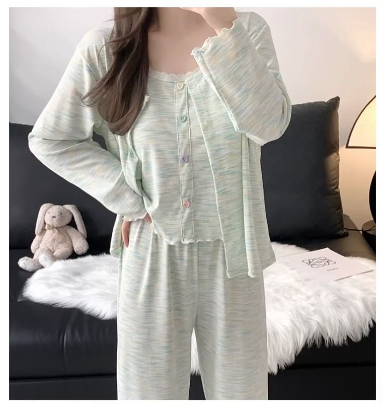 Pajama Set: Melange Cardigan + Camisole Top + Pants