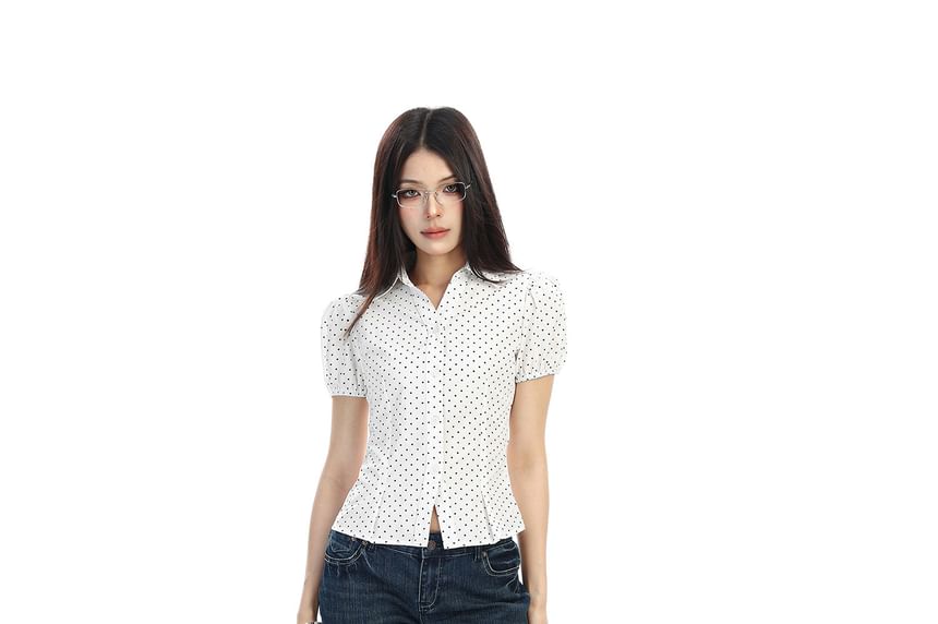 Short-Sleeve Collared Dotted Button-Up Shirt