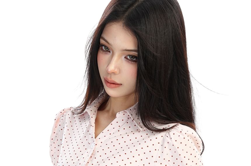 Short-Sleeve Collared Dotted Button-Up Shirt
