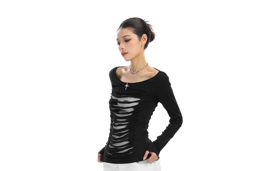 Long-Sleeve Scoop Neck Solid Distressed Tee