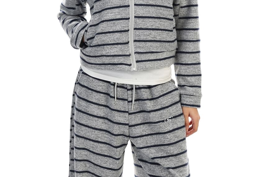 Striped Zip Hoodie & Drawstring Wide Leg Sweatpants Set