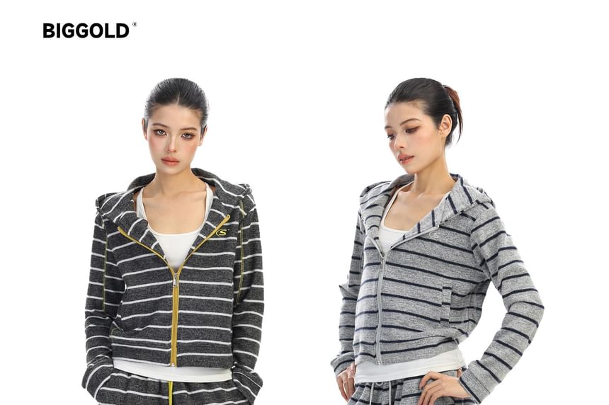 Striped Zip Hoodie & Drawstring Wide Leg Sweatpants Set