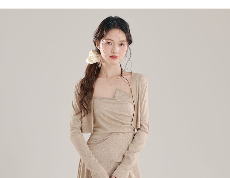 Set: Plain Open Front Crop Cardigan + Asymmetrical Ruched Camisole Top + High Waist Midi A-Line Skirt