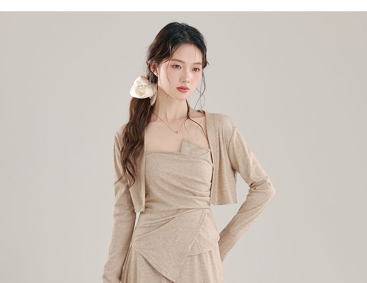 Set: Plain Open Front Crop Cardigan + Asymmetrical Ruched Camisole Top + High Waist Midi A-Line Skirt