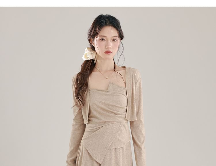 Set: Plain Open Front Crop Cardigan + Asymmetrical Ruched Camisole Top + High Waist Midi A-Line Skirt