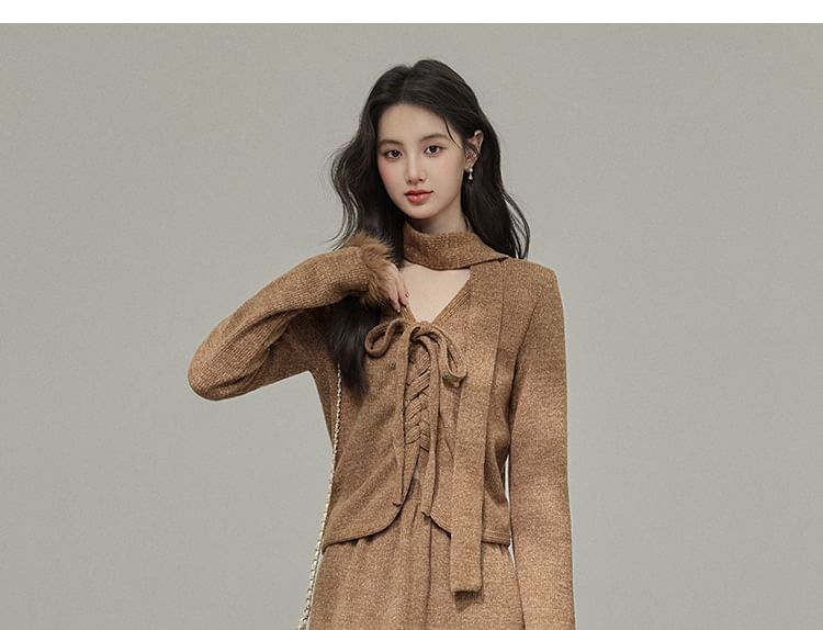 Fluffy Cuff V-Neck Lace-Up Plain Cardigan / High Waist Maxi A-Line Skirt