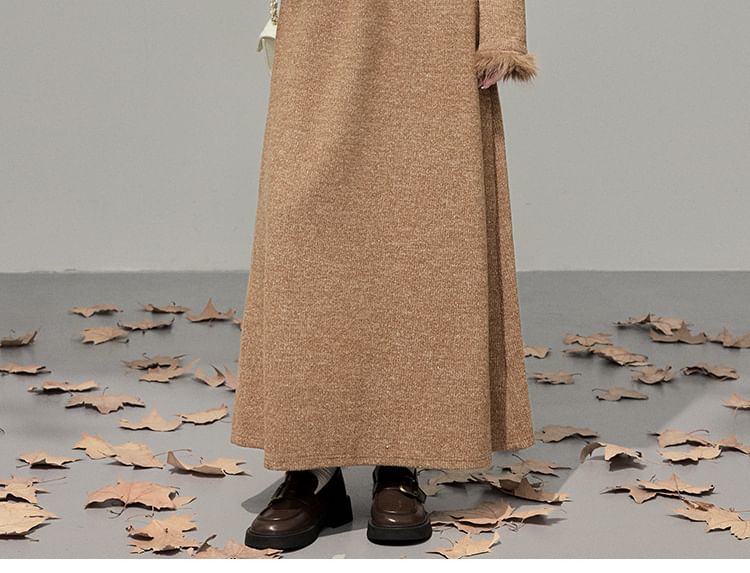 Fluffy Cuff V-Neck Lace-Up Plain Cardigan / High Waist Maxi A-Line Skirt