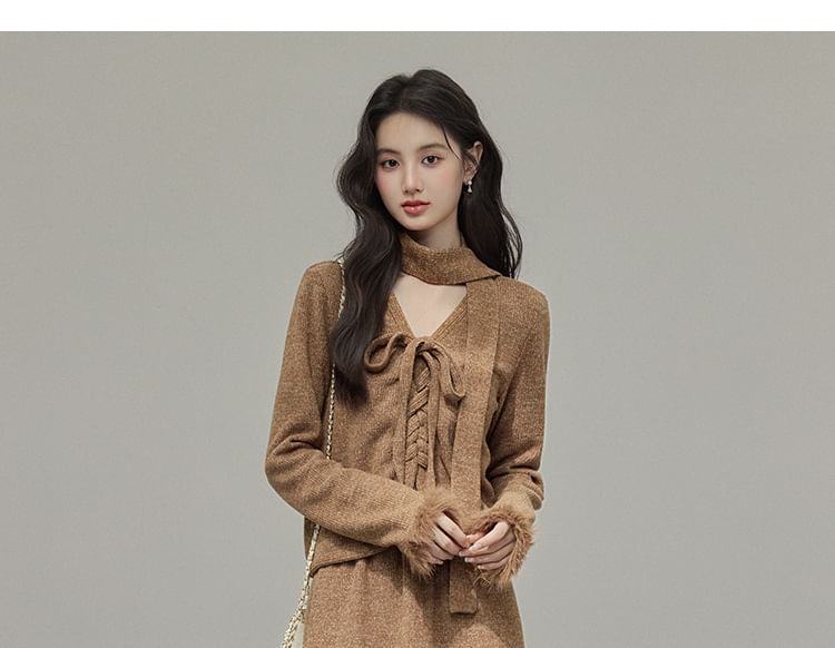 Fluffy Cuff V-Neck Lace-Up Plain Cardigan / High Waist Maxi A-Line Skirt