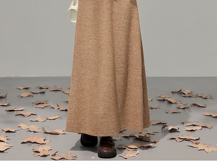 Fluffy Cuff V-Neck Lace-Up Plain Cardigan / High Waist Maxi A-Line Skirt