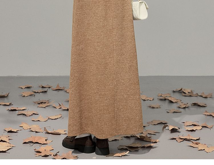 Fluffy Cuff V-Neck Lace-Up Plain Cardigan / High Waist Maxi A-Line Skirt