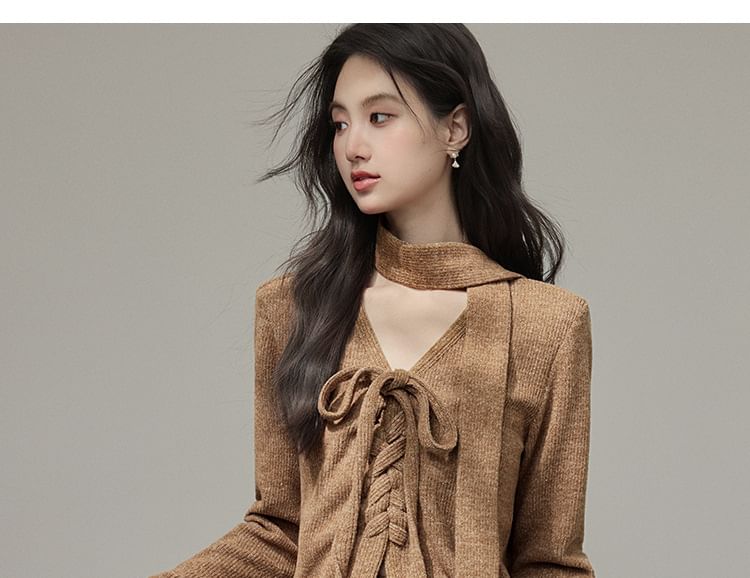 Fluffy Cuff V-Neck Lace-Up Plain Cardigan / High Waist Maxi A-Line Skirt