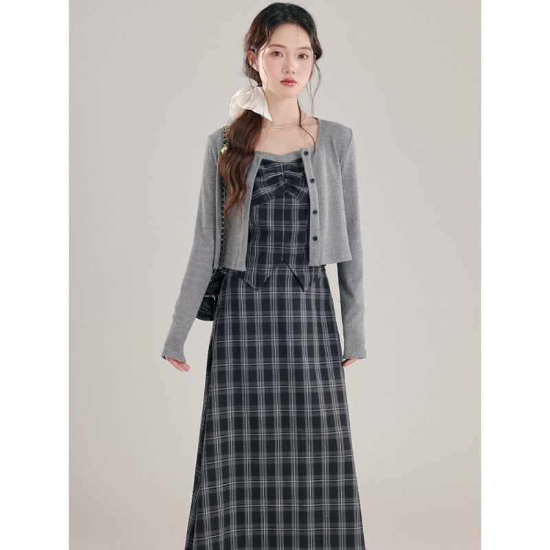 Plaid Ruched Slit Crop Camisole Top / High Waist Midi A-Line Skirt / Crew Neck Button-Up Plain Cardigan / Set