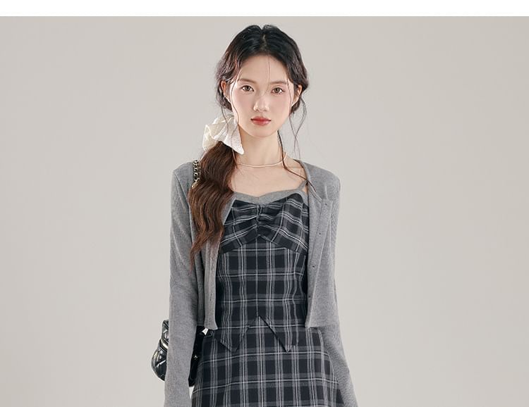 Plaid Ruched Slit Crop Camisole Top / High Waist Midi A-Line Skirt / Crew Neck Button-Up Plain Cardigan / Set