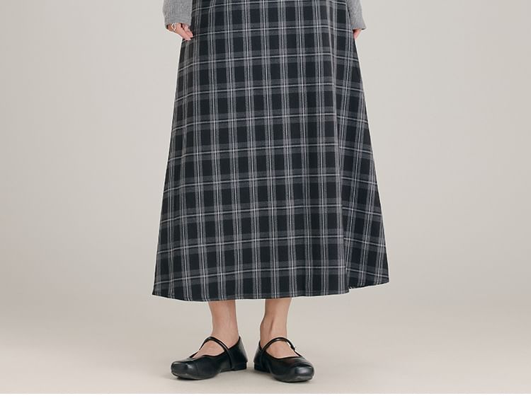 Plaid Ruched Slit Crop Camisole Top / High Waist Midi A-Line Skirt / Crew Neck Button-Up Plain Cardigan / Set