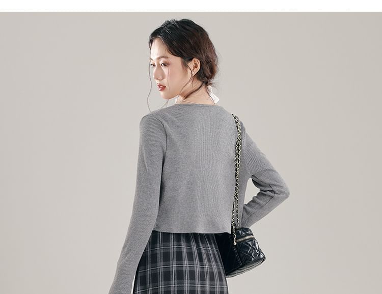 Plaid Ruched Slit Crop Camisole Top / High Waist Midi A-Line Skirt / Crew Neck Button-Up Plain Cardigan / Set