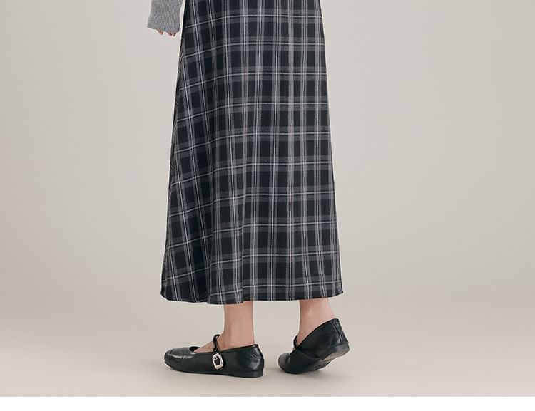 Plaid Ruched Slit Crop Camisole Top / High Waist Midi A-Line Skirt / Crew Neck Button-Up Plain Cardigan / Set