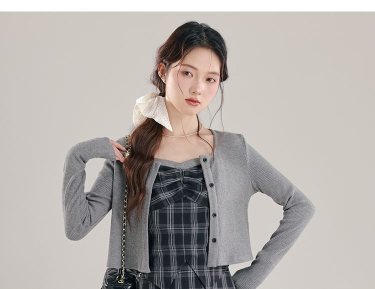 Plaid Ruched Slit Crop Camisole Top / High Waist Midi A-Line Skirt / Crew Neck Button-Up Plain Cardigan / Set