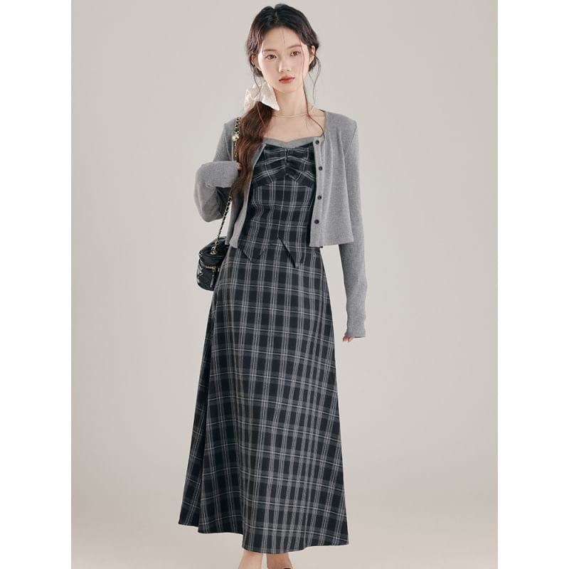 Plaid Ruched Slit Crop Camisole Top / High Waist Midi A-Line Skirt / Crew Neck Button-Up Plain Cardigan / Set