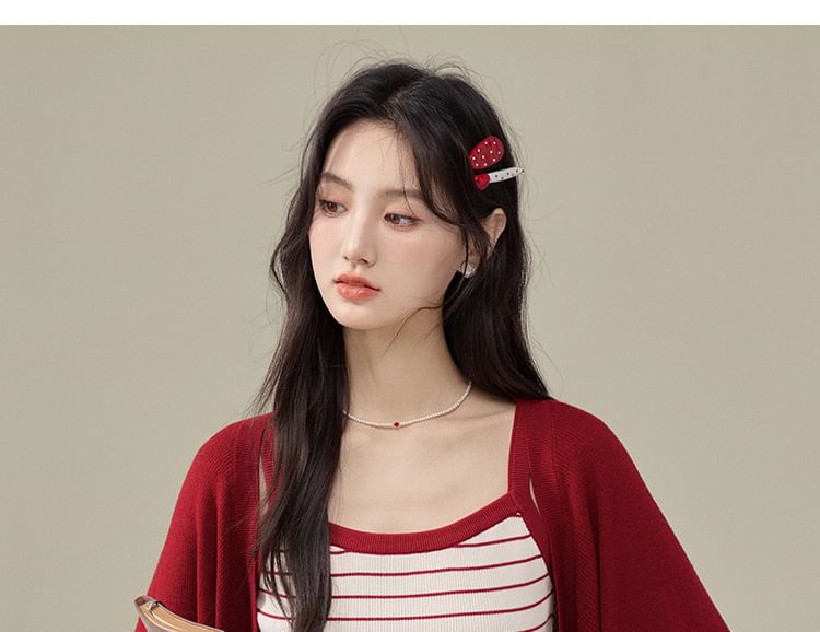 Set: Striped Knit Crop Camisole Top + Plain Open Front Cardigan
