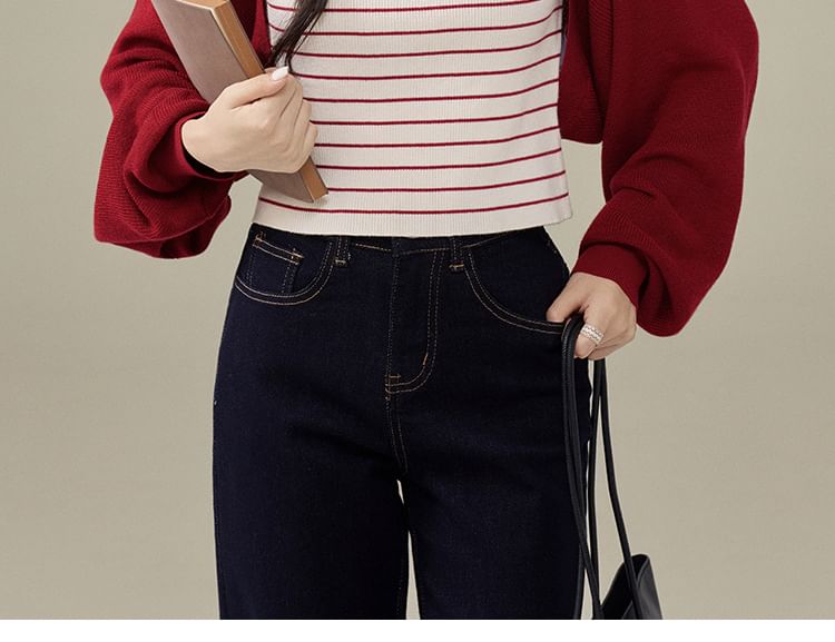 Set: Striped Knit Crop Camisole Top + Plain Open Front Cardigan