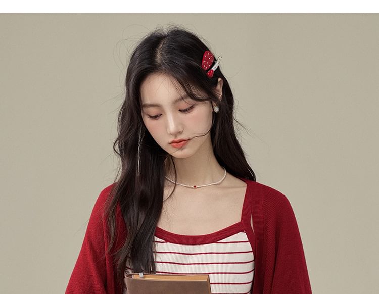 Set: Striped Knit Crop Camisole Top + Plain Open Front Cardigan