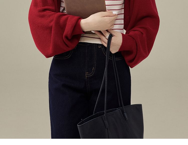 Set: Striped Knit Crop Camisole Top + Plain Open Front Cardigan