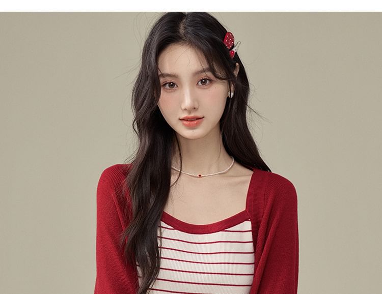 Set: Striped Knit Crop Camisole Top + Plain Open Front Cardigan
