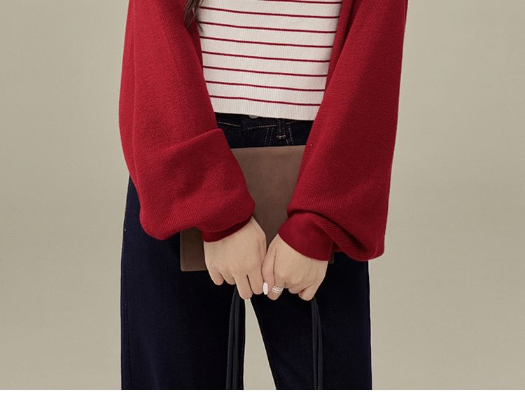 Set: Striped Knit Crop Camisole Top + Plain Open Front Cardigan