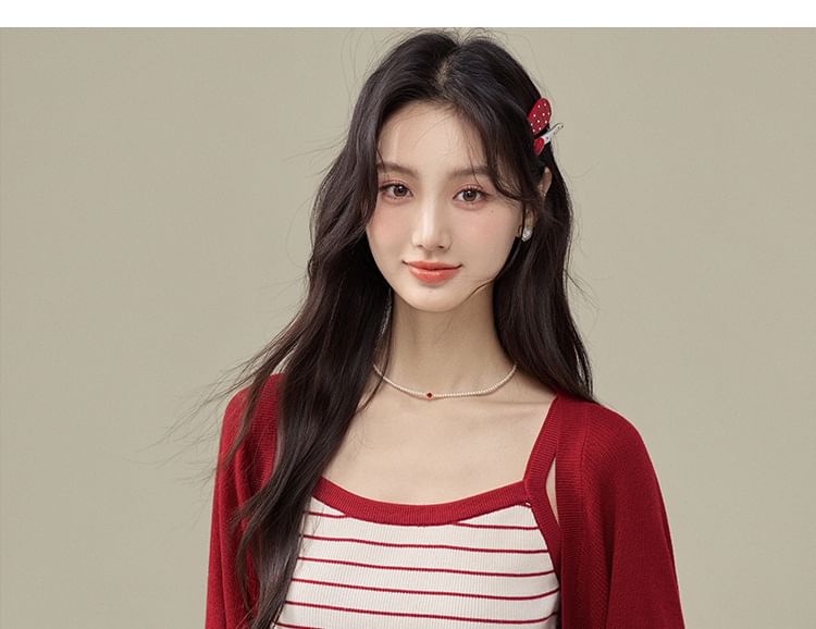 Set: Striped Knit Crop Camisole Top + Plain Open Front Cardigan