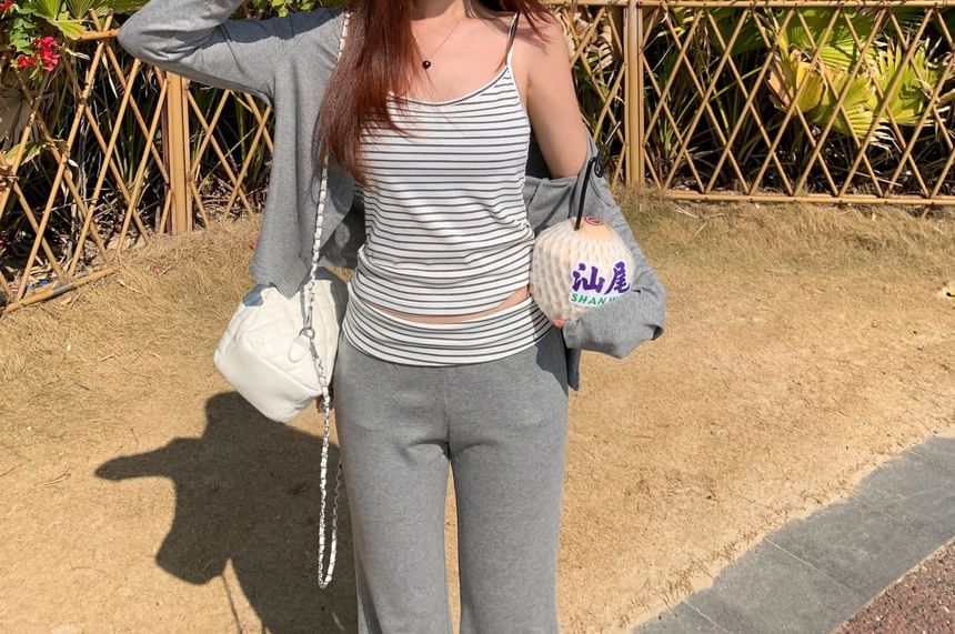 Set: Striped Camisole Top + Mid Rise Panel Flared Pants + Round Neck Plain Cardigan