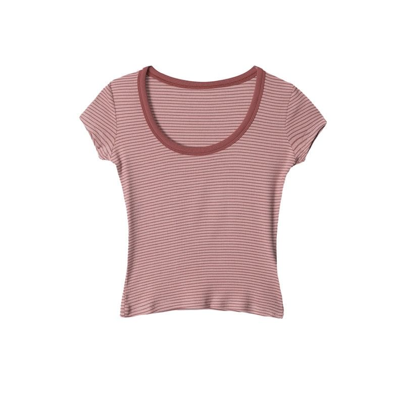 Short Sleeve Scoop Neck Striped Cropped Tee