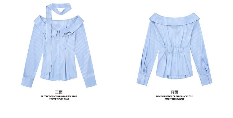 Long Sleeve Off Shoulder Collared Pinstriped Blouse